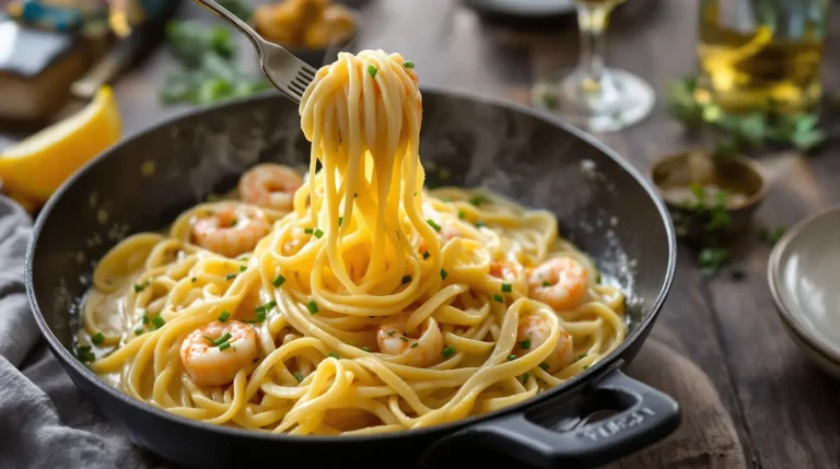 Linguine aux poireaux, crème onctueuse et crevettes vraiment gourmandes